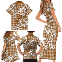 Hibiscus Pakala Bronze Brown Family Matching Short Sleeve Bodycon Dress and Hawaiian Shirt Tropical Floral Stylized LT01 - Polynesian Pride