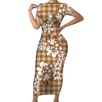 Hibiscus Pakala Bronze Brown Family Matching Short Sleeve Bodycon Dress and Hawaiian Shirt Tropical Floral Stylized LT01 Mom's Dress Brown - Polynesian Pride