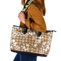 Hibiscus Pakala Bronze Brown Leather Tote Bag Tropical Floral Stylized - Polynesian Pride