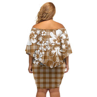 Hibiscus Pakala Bronze Brown Off Shoulder Short Dress Tropical Floral Stylized - Polynesian Pride