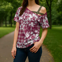 Hibiscus Pakala Royal Magenta Cross Shoulder Shirt Tropical Floral Stylized - Polynesian Pride