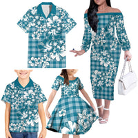 Hibiscus Pakala Ocean Depths Blue Family Matching Off The Shoulder Long Sleeve Dress and Hawaiian Shirt Tropical Floral Stylized LT01 - Polynesian Pride