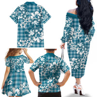 Hibiscus Pakala Ocean Depths Blue Family Matching Off The Shoulder Long Sleeve Dress and Hawaiian Shirt Tropical Floral Stylized LT01 - Polynesian Pride