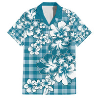 Hibiscus Pakala Ocean Depths Blue Family Matching Off The Shoulder Long Sleeve Dress and Hawaiian Shirt Tropical Floral Stylized LT01 Dad's Shirt - Short Sleeve Blue - Polynesian Pride