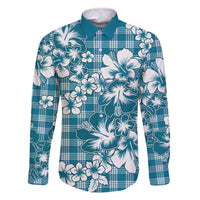 Hibiscus Pakala Ocean Depths Blue Family Matching Off The Shoulder Long Sleeve Dress and Hawaiian Shirt Tropical Floral Stylized LT01 Dad's Shirt - Long Sleeve Blue - Polynesian Pride