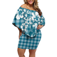 Hibiscus Pakala Ocean Depths Blue Off Shoulder Short Dress Tropical Floral Stylized - Polynesian Pride