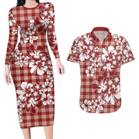 Hibiscus Pakala Fantasy Red Couples Matching Long Sleeve Bodycon Dress and Hawaiian Shirt Tropical Floral Stylized - Polynesian Pride
