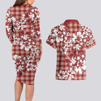 Hibiscus Pakala Fantasy Red Couples Matching Long Sleeve Bodycon Dress and Hawaiian Shirt Tropical Floral Stylized - Polynesian Pride