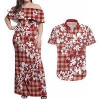 Hibiscus Pakala Fantasy Red Couples Matching Off Shoulder Maxi Dress and Hawaiian Shirt Tropical Floral Stylized - Polynesian Pride