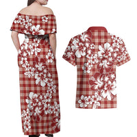Hibiscus Pakala Fantasy Red Couples Matching Off Shoulder Maxi Dress and Hawaiian Shirt Tropical Floral Stylized - Polynesian Pride