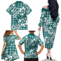 Hibiscus Pakala Aqua Teal Family Matching Off The Shoulder Long Sleeve Dress and Hawaiian Shirt Tropical Floral Stylized LT01 - Polynesian Pride