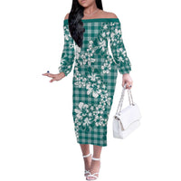 Hibiscus Pakala Aqua Teal Family Matching Off The Shoulder Long Sleeve Dress and Hawaiian Shirt Tropical Floral Stylized LT01 Mom's Dress Teal - Polynesian Pride