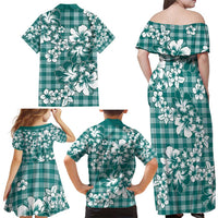 Hibiscus Pakala Aqua Teal Family Matching Off Shoulder Maxi Dress and Hawaiian Shirt Tropical Floral Stylized LT01 - Polynesian Pride