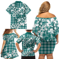 Hibiscus Pakala Aqua Teal Family Matching Off Shoulder Short Dress and Hawaiian Shirt Tropical Floral Stylized LT01 - Polynesian Pride