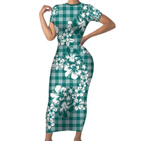 Hibiscus Pakala Aqua Teal Family Matching Short Sleeve Bodycon Dress and Hawaiian Shirt Tropical Floral Stylized LT01 Mom's Dress Teal - Polynesian Pride