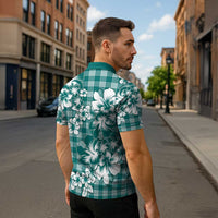 Hibiscus Pakala Aqua Teal Zipper Polo Shirt Tropical Floral Stylized - Polynesian Pride
