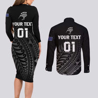 Custom New Zealand Cricket Couples Matching Long Sleeve Bodycon Dress and Long Sleeve Button Shirt Maori Kiwi Black Fern LT01 - Polynesian Pride