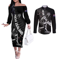 Custom New Zealand Cricket Couples Matching Off The Shoulder Long Sleeve Dress and Long Sleeve Button Shirt Maori Kiwi Black Fern LT01 Black - Polynesian Pride