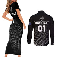 Custom New Zealand Cricket Couples Matching Short Sleeve Bodycon Dress and Long Sleeve Button Shirt Maori Kiwi Black Fern LT01 - Polynesian Pride