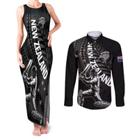 Custom New Zealand Cricket Couples Matching Tank Maxi Dress and Long Sleeve Button Shirt Maori Kiwi Black Fern LT01 Black - Polynesian Pride