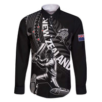 Custom New Zealand Cricket Family Matching Off The Shoulder Long Sleeve Dress and Hawaiian Shirt Maori Kiwi Black Fern LT01 Dad's Shirt - Long Sleeve Black - Polynesian Pride