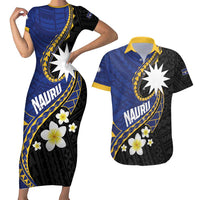 Personalised Nauru Couples Matching Short Sleeve Bodycon Dress and Hawaiian Shirt Naoero Proud Plumeria LT01 Blue - Polynesian Pride
