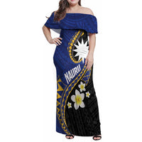 Personalised Nauru Family Matching Off Shoulder Maxi Dress and Hawaiian Shirt Naoero Proud Plumeria LT01 Mom's Dress Blue - Polynesian Pride