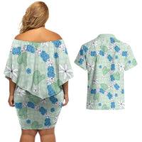 Hawaii Anthurium Tiare Pikake Lei Couples Matching Off Shoulder Short Dress and Hawaiian Shirt Omaomao Lauhala Art Pattern