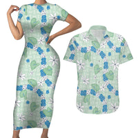 Hawaii Anthurium Tiare Pikake Lei Couples Matching Short Sleeve Bodycon Dress and Hawaiian Shirt Omaomao Lauhala Art Pattern