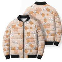 Hawaii Anthurium Tiare Pikake Lei Bomber Puffer Jacket Alani Lauhala Art Pattern