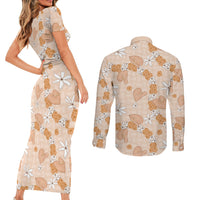 Hawaii Anthurium Tiare Pikake Lei Couples Matching Short Sleeve Bodycon Dress and Long Sleeve Button Shirt Alani Lauhala Art Pattern