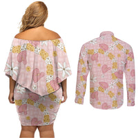 Hawaii Anthurium Tiare Pikake Lei Couples Matching Off Shoulder Short Dress and Long Sleeve Button Shirt Akala Lauhala Art Pattern