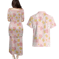 Hawaii Anthurium Tiare Pikake Lei Couples Matching Puletasi and Hawaiian Shirt Akala Lauhala Art Pattern