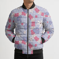 Hawaii Anthurium Tiare Pikake Lei Bomber Puffer Jacket Poni Lauhala Art Pattern