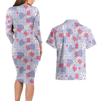 Hawaii Anthurium Tiare Pikake Lei Couples Matching Long Sleeve Bodycon Dress and Hawaiian Shirt Poni Lauhala Art Pattern