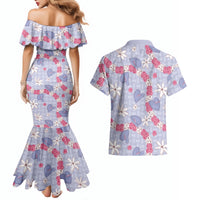 Hawaii Anthurium Tiare Pikake Lei Couples Matching Mermaid Dress and Hawaiian Shirt Poni Lauhala Art Pattern