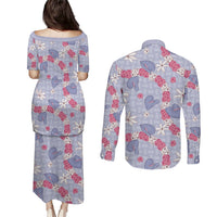 Hawaii Anthurium Tiare Pikake Lei Couples Matching Puletasi and Long Sleeve Button Shirt Poni Lauhala Art Pattern