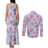 Hawaii Anthurium Tiare Pikake Lei Couples Matching Tank Maxi Dress and Long Sleeve Button Shirt Poni Lauhala Art Pattern