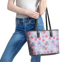 Hawaii Anthurium Tiare Pikake Lei Leather Tote Bag Poni Lauhala Art Pattern