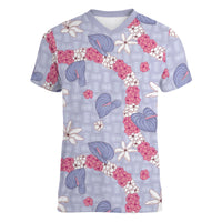 Hawaii Anthurium Tiare Pikake Lei Women V-Neck T-Shirt Poni Lauhala Art Pattern