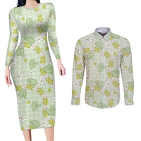 Hawaii Anthurium Tiare Pikake Lei Couples Matching Long Sleeve Bodycon Dress and Long Sleeve Button Shirt Sage Green Lauhala Art Pattern