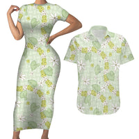 Hawaii Anthurium Tiare Pikake Lei Couples Matching Short Sleeve Bodycon Dress and Hawaiian Shirt Sage Green Lauhala Art Pattern LT01 Green - Polynesian Pride