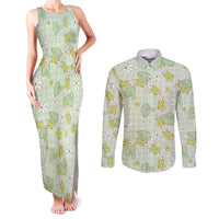 Hawaii Anthurium Tiare Pikake Lei Couples Matching Tank Maxi Dress and Long Sleeve Button Shirt Sage Green Lauhala Art Pattern