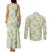 Hawaii Anthurium Tiare Pikake Lei Couples Matching Tank Maxi Dress and Long Sleeve Button Shirt Sage Green Lauhala Art Pattern