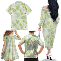 Hawaii Anthurium Tiare Pikake Lei Family Matching Off The Shoulder Long Sleeve Dress and Hawaiian Shirt Sage Green Lauhala Art Pattern LT01 - Polynesian Pride