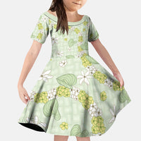 Hawaii Anthurium Tiare Pikake Lei Family Matching Off Shoulder Maxi Dress and Hawaiian Shirt Sage Green Lauhala Art Pattern LT01 Daughter's Dress Green - Polynesian Pride