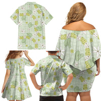 Hawaii Anthurium Tiare Pikake Lei Family Matching Off Shoulder Short Dress and Hawaiian Shirt Sage Green Lauhala Art Pattern LT01 - Polynesian Pride
