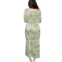 Hawaii Anthurium Tiare Pikake Lei Family Matching Puletasi and Hawaiian Shirt Sage Green Lauhala Art Pattern