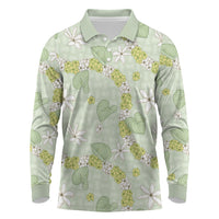 Hawaii Anthurium Tiare Pikake Lei Long Sleeve Polo Shirt Sage Green Lauhala Art Pattern