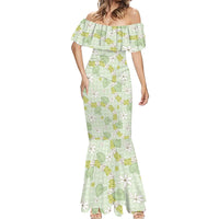 Hawaii Anthurium Tiare Pikake Lei Mermaid Dress Sage Green Lauhala Art Pattern